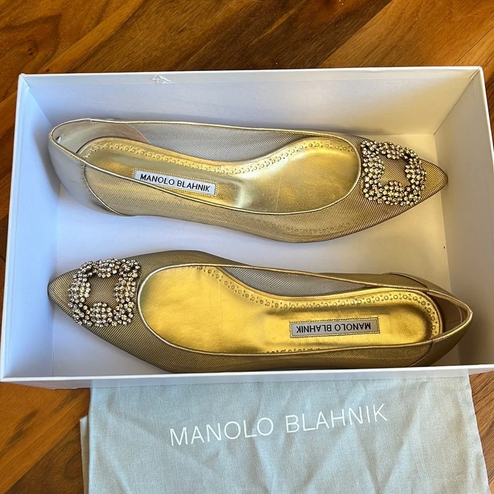 Manolo blahnik Hangisi Chrystal Buckle Gold Mesh Flats, 50th anniversary, NEW - Picture 8 of 17